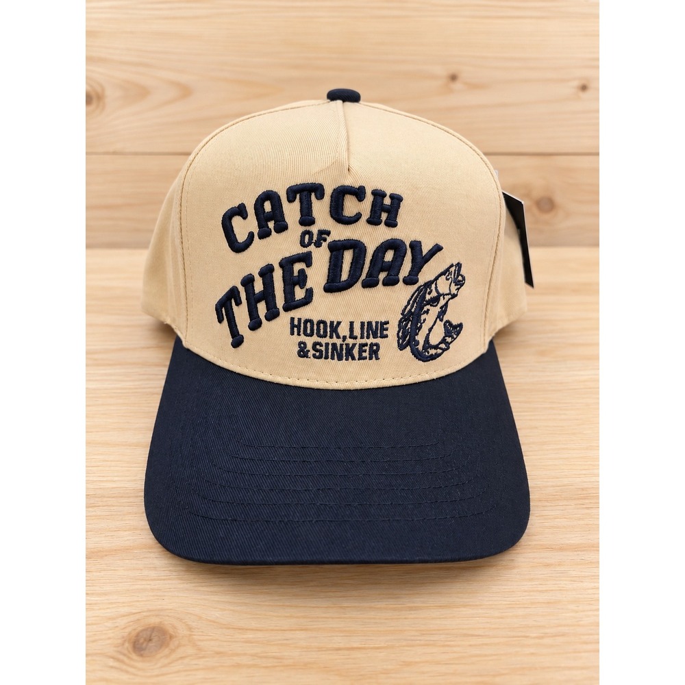 Catch of the Day Hook Line & Sinker Fishing Trucker Hat Tan Navy Blue Snapback